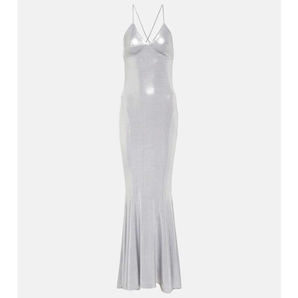 Norma Kamali Metallic Stretch Lamé Open Back Maxi Mermaid Gown Silver Large - Picture 2 of 14